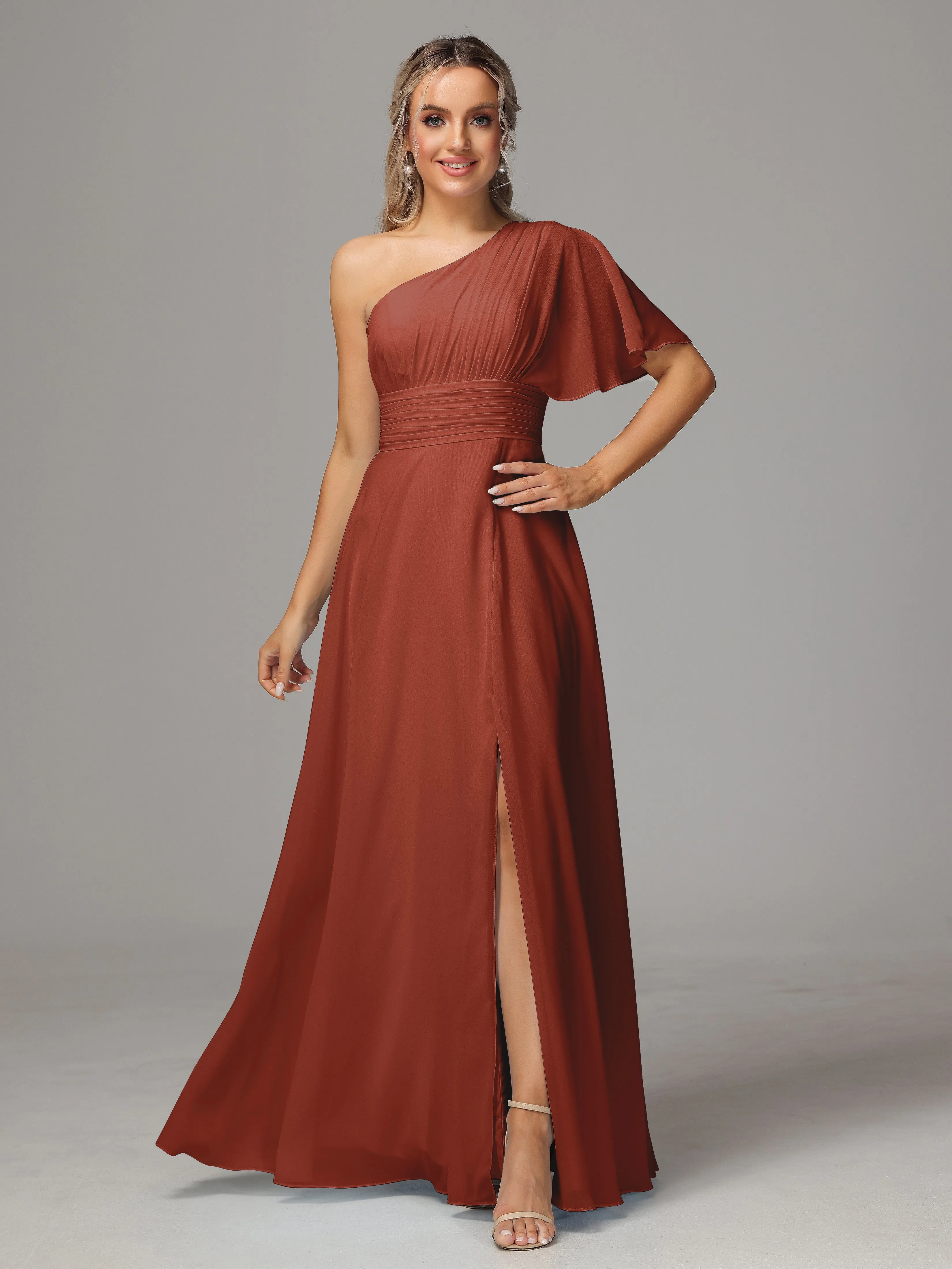 One Shoulder Chiffon Bridesmaid Dresses With Slit