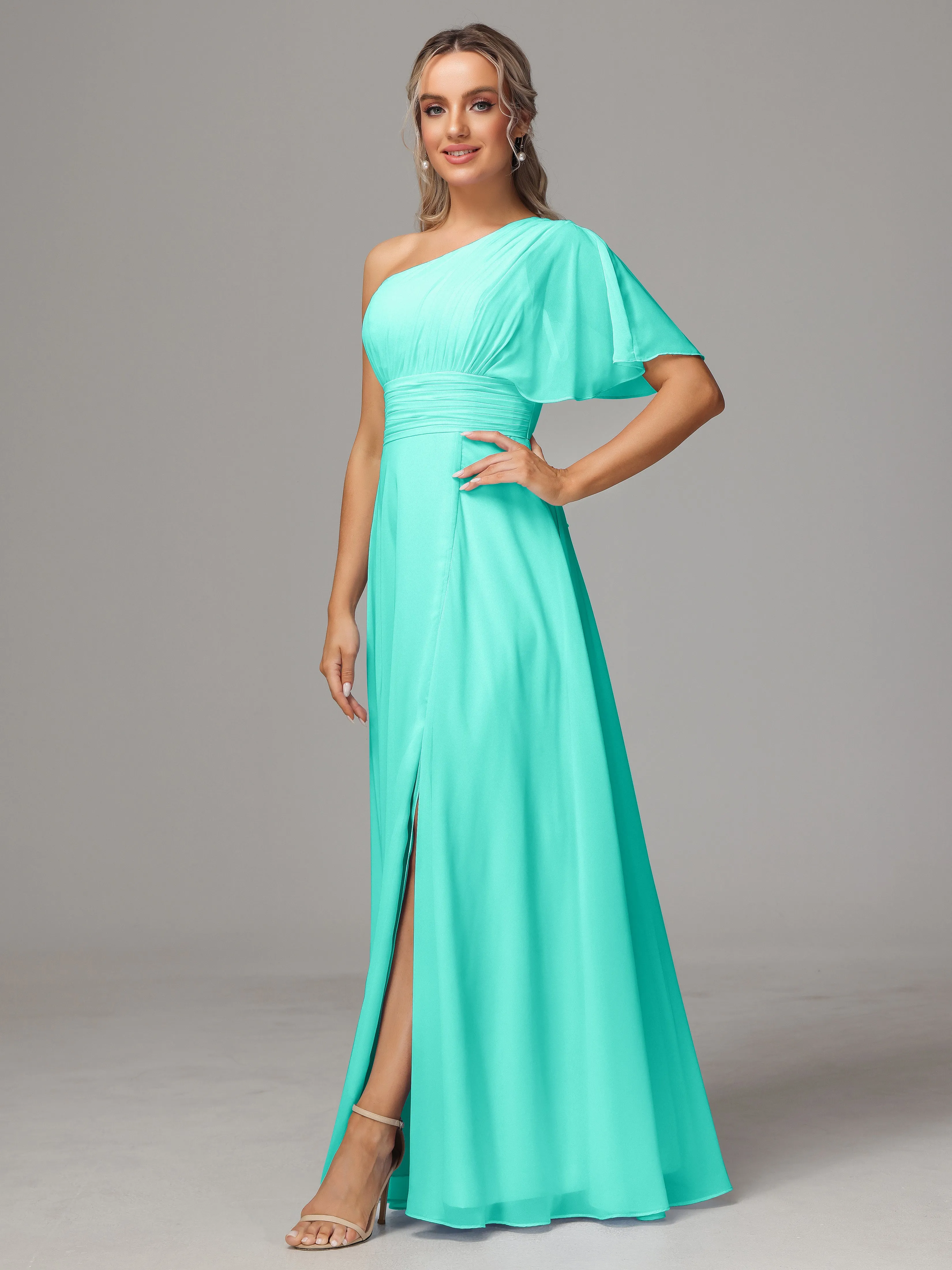 One Shoulder Chiffon Bridesmaid Dresses With Slit