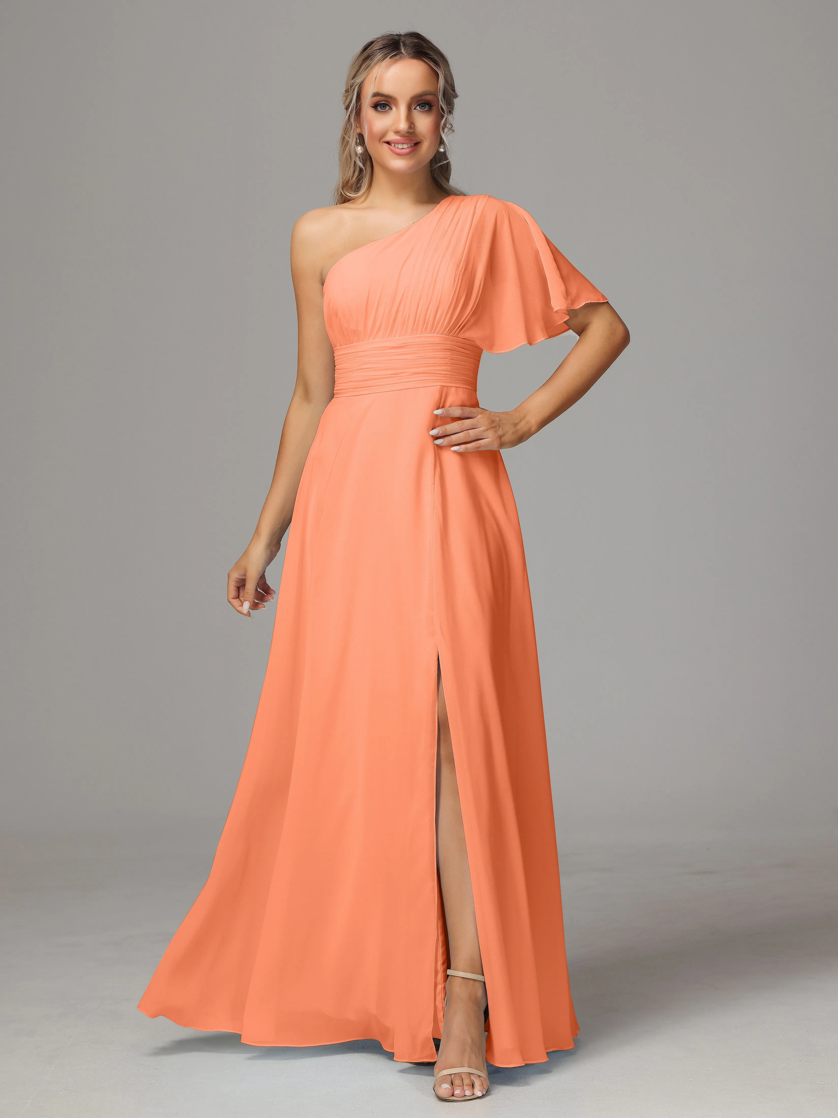 One Shoulder Chiffon Bridesmaid Dresses With Slit