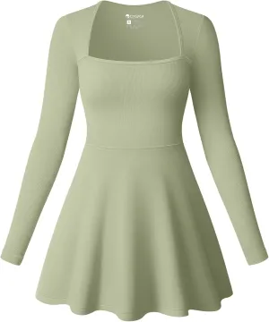 OQQ Women Long Sleeve Dresses Square Neck Casual Party Club A-Line Mini Dress