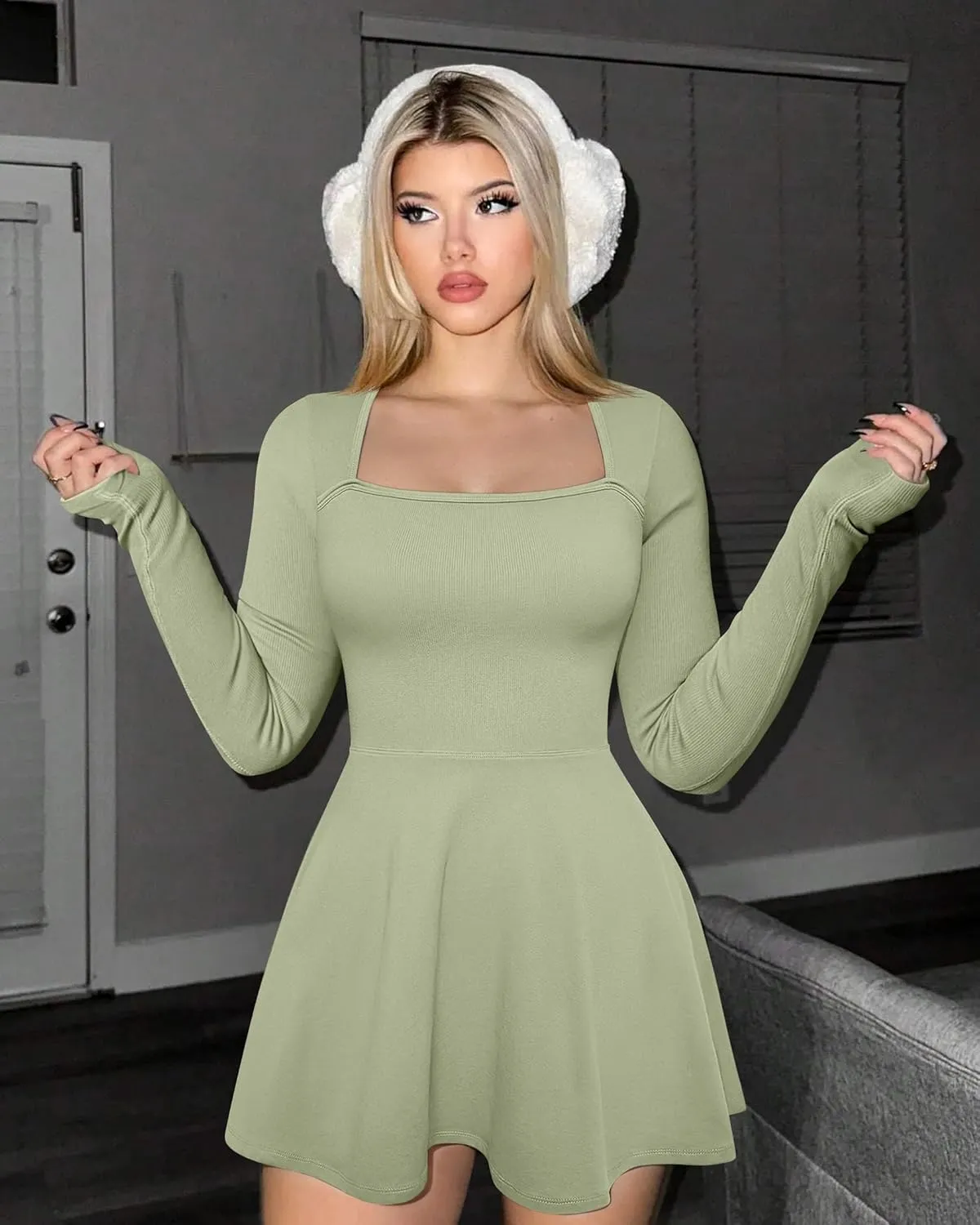 OQQ Women Long Sleeve Dresses Square Neck Casual Party Club A-Line Mini Dress