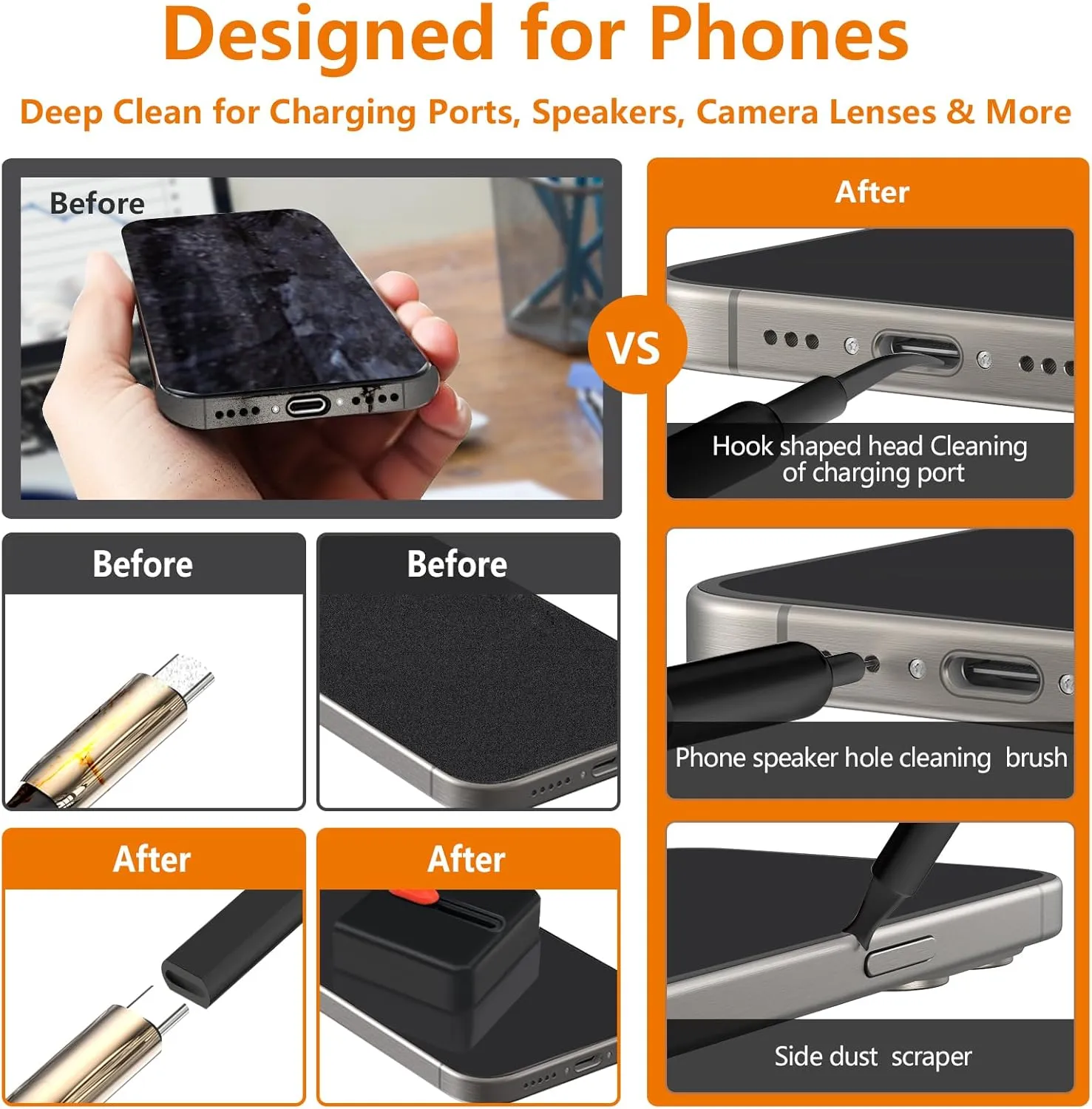 Phone Cleaning Kit with Port & Cable Cleaner, Stylus Pen, SIM Tool, Screen & Speaker Brush | Multi-Device Cleaner for iPhone, Samsung, AirPods, MacBook, Laptop, PC, Keyboard, iPad, Camera Lens (black)