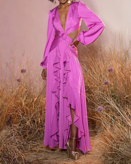 Pink Solid Color Ruffled Dress