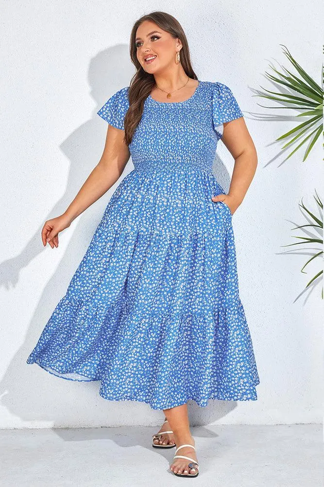 Plus Size Tiered Dress Short Sleeve Crew Neck A-Line Dress