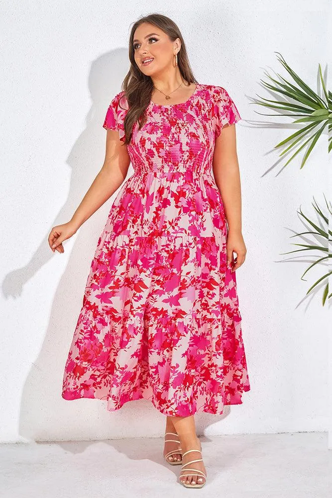 Plus Size Tiered Dress Short Sleeve Crew Neck A-Line Dress