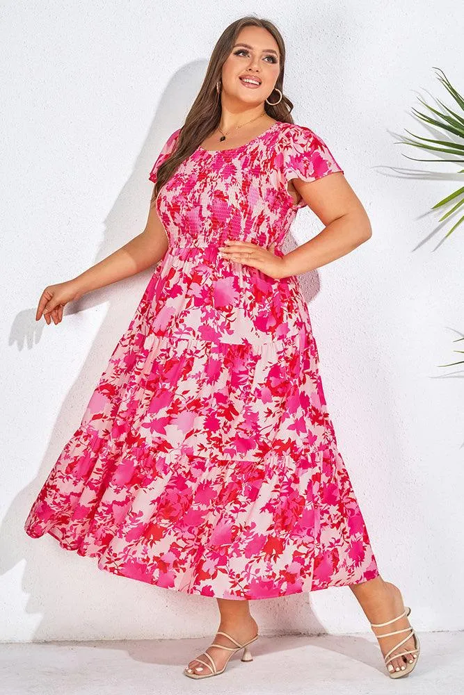 Plus Size Tiered Dress Short Sleeve Crew Neck A-Line Dress