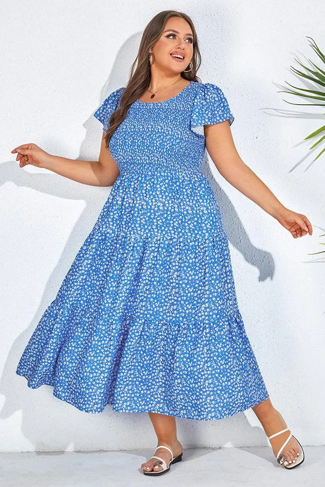Plus Size Tiered Dress Short Sleeve Crew Neck A-Line Dress