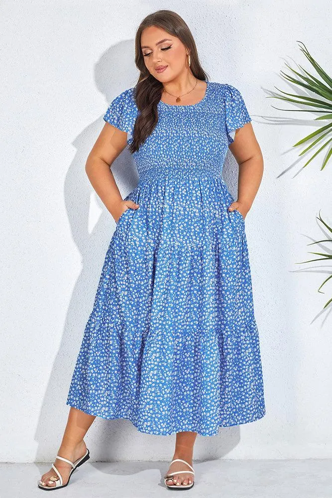 Plus Size Tiered Dress Short Sleeve Crew Neck A-Line Dress