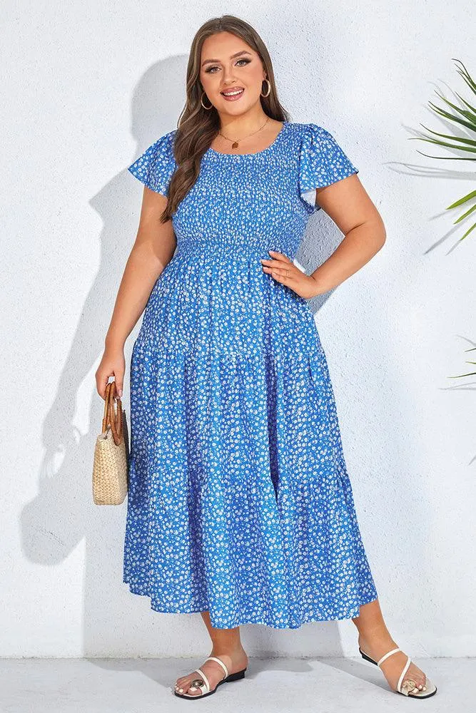Plus Size Tiered Dress Short Sleeve Crew Neck A-Line Dress