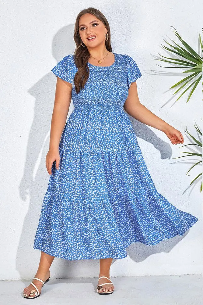 Plus Size Tiered Dress Short Sleeve Crew Neck A-Line Dress