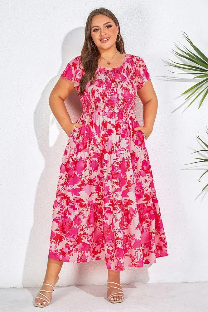 Plus Size Tiered Dress Short Sleeve Crew Neck A-Line Dress
