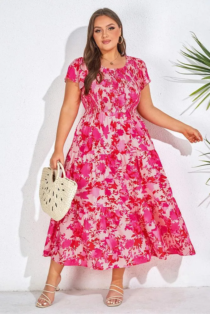 Plus Size Tiered Dress Short Sleeve Crew Neck A-Line Dress