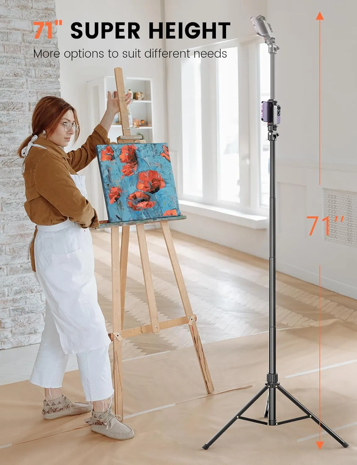 Pnitri 71'' Phone Tripod Stand, Extendable Reinforced Aluminum Phone Stand with Wireless Remote, Stable Cellphone Tripod Compatible with iPhone 15/14/13 Galaxy S23/S22 Huawei.