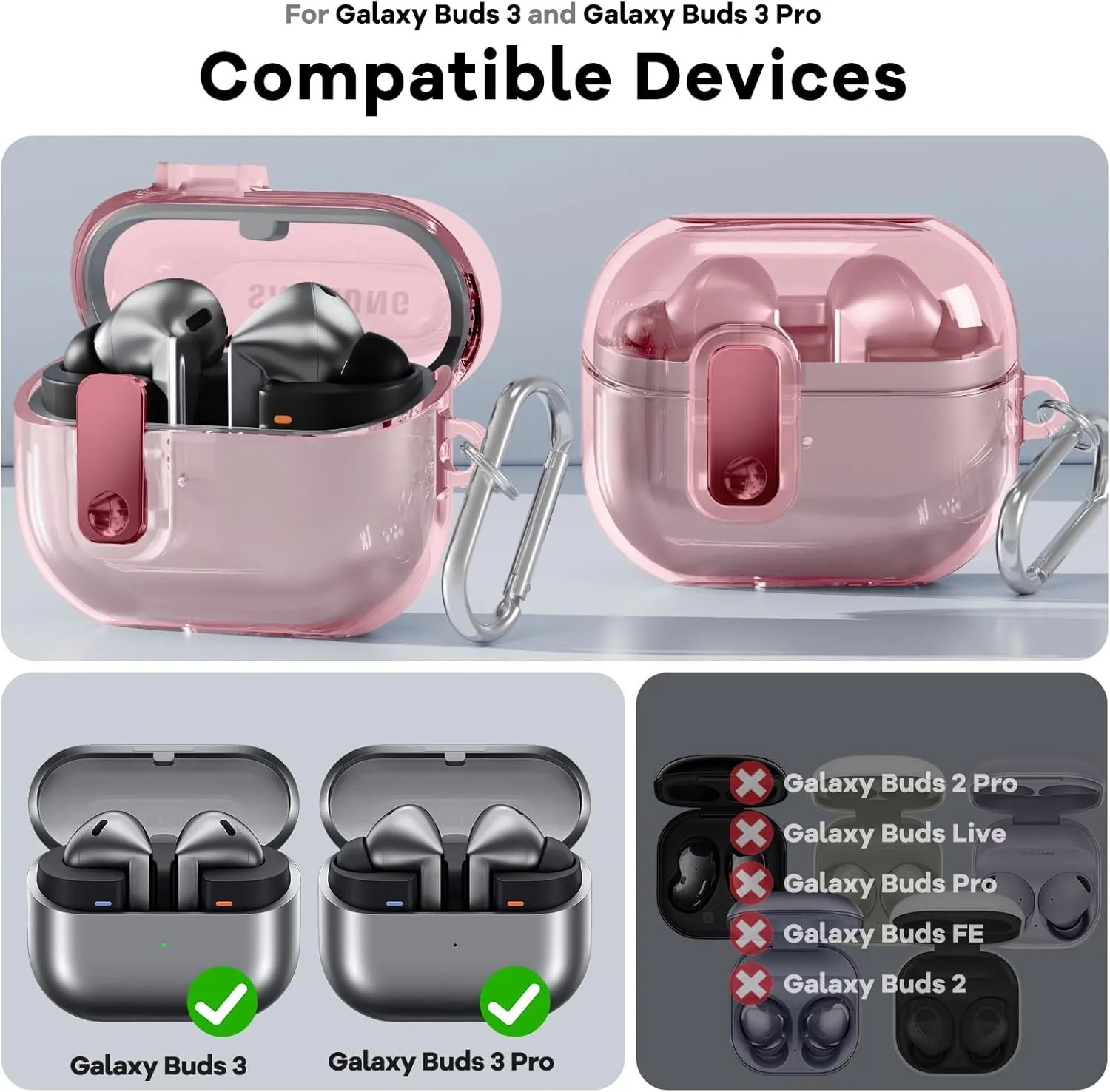 PolislimeLockable Housing for Samsung Galaxy Buds 3 Case/Galaxy Buds 3 Pro Case,Compatible with Galaxy Buds Pro 3 Cases Flexible TPU Clear Cases and Cleaner Kit Accessories for Men for Women (Pink)