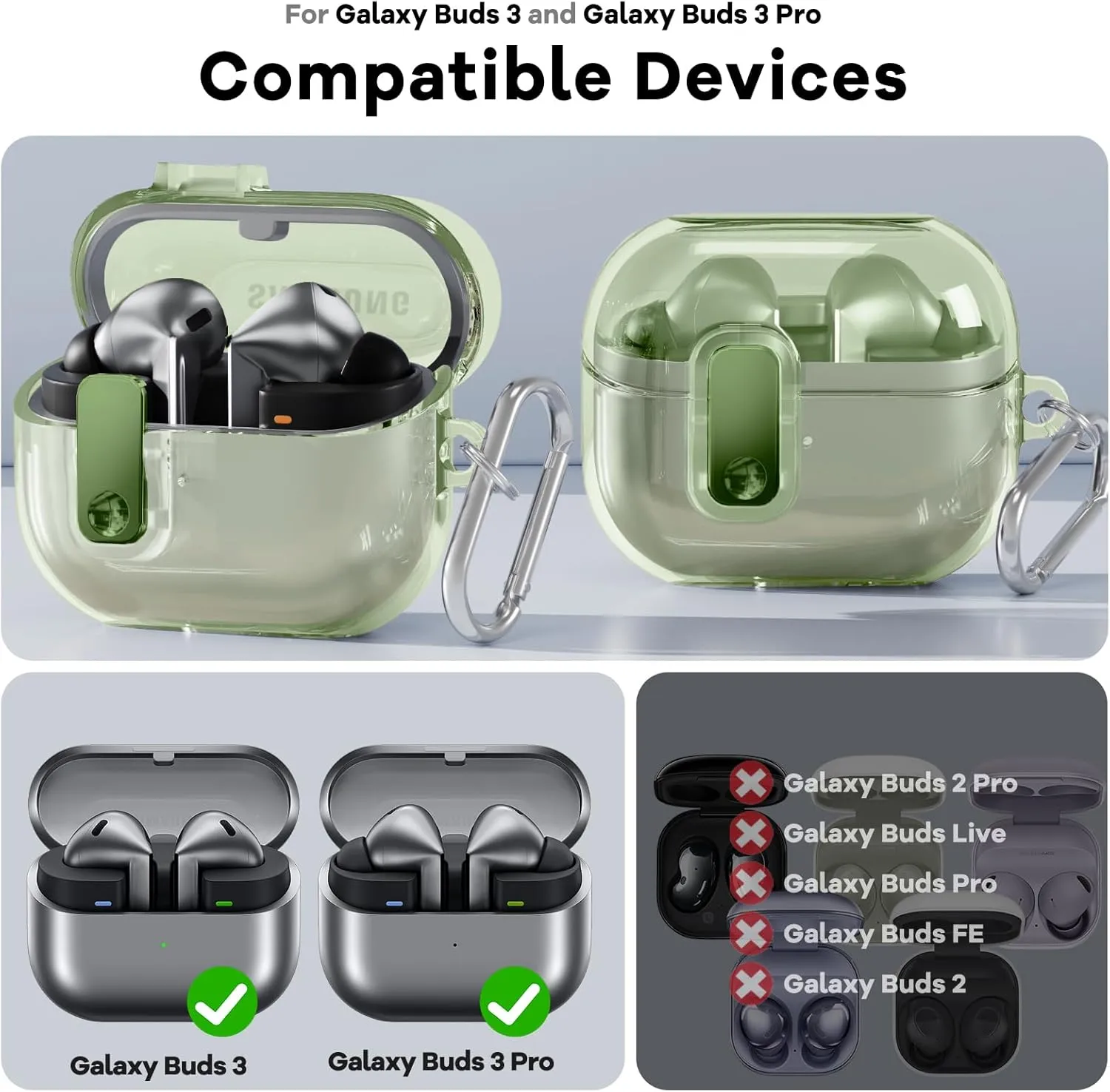 PolislimeLockable Housingfor Samsung Galaxy Buds 3 Case/Galaxy Buds 3 Pro Case,Compatible with Galaxy Buds Pro 3 Cases Flexible TPU Clear Cases and Cleaner Kit Accessories for Men for Women (Green)