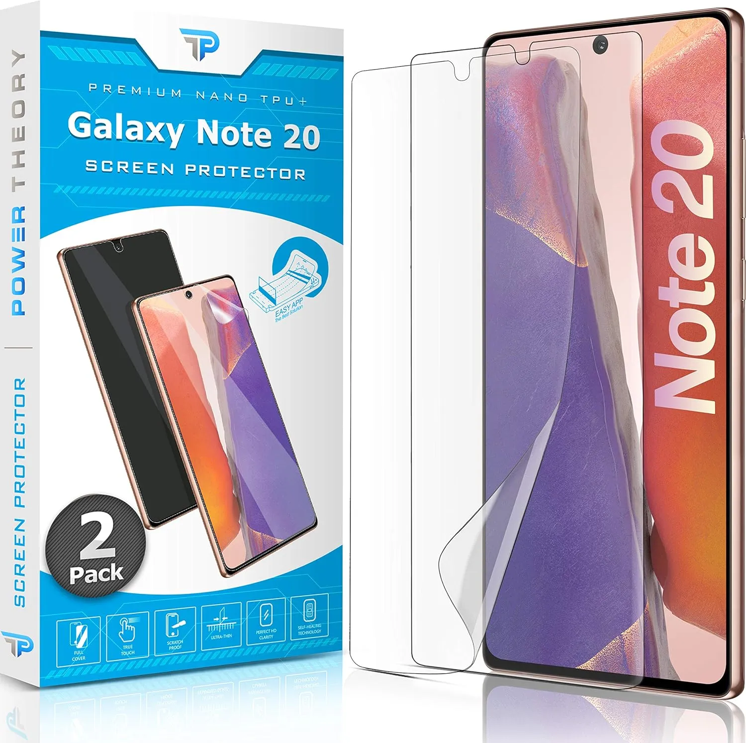 Power Theory Designed for Samsung Galaxy Note 20 Screen Protector [Not Glass], Easy Install Kit, Case Friendly, Full Cover, Flexible Film Anti Scratch, 2 Pack