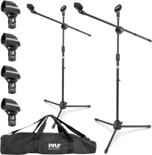 Pyle Universal Tripod Microphone Stand - Pair of Adjustable Height 27.5 to 52 High and Extendable Boom Length 24 w/ Lock Tension Knob - 2 M-6 Microphone Holder and Heavy Duty Carry Bag