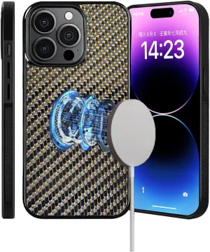 Real Forged Carbon Fiber Phone Case for iPhone X, Screen and Camera Protection, Wide Compatibility, Magnetic Wireless Charging Anti-Fall Protective Mobile Case for MagSafe (Gold)