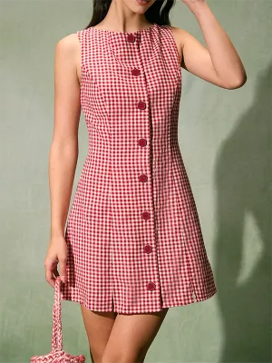 Red Plaid Buttoned Tank Mini Dress