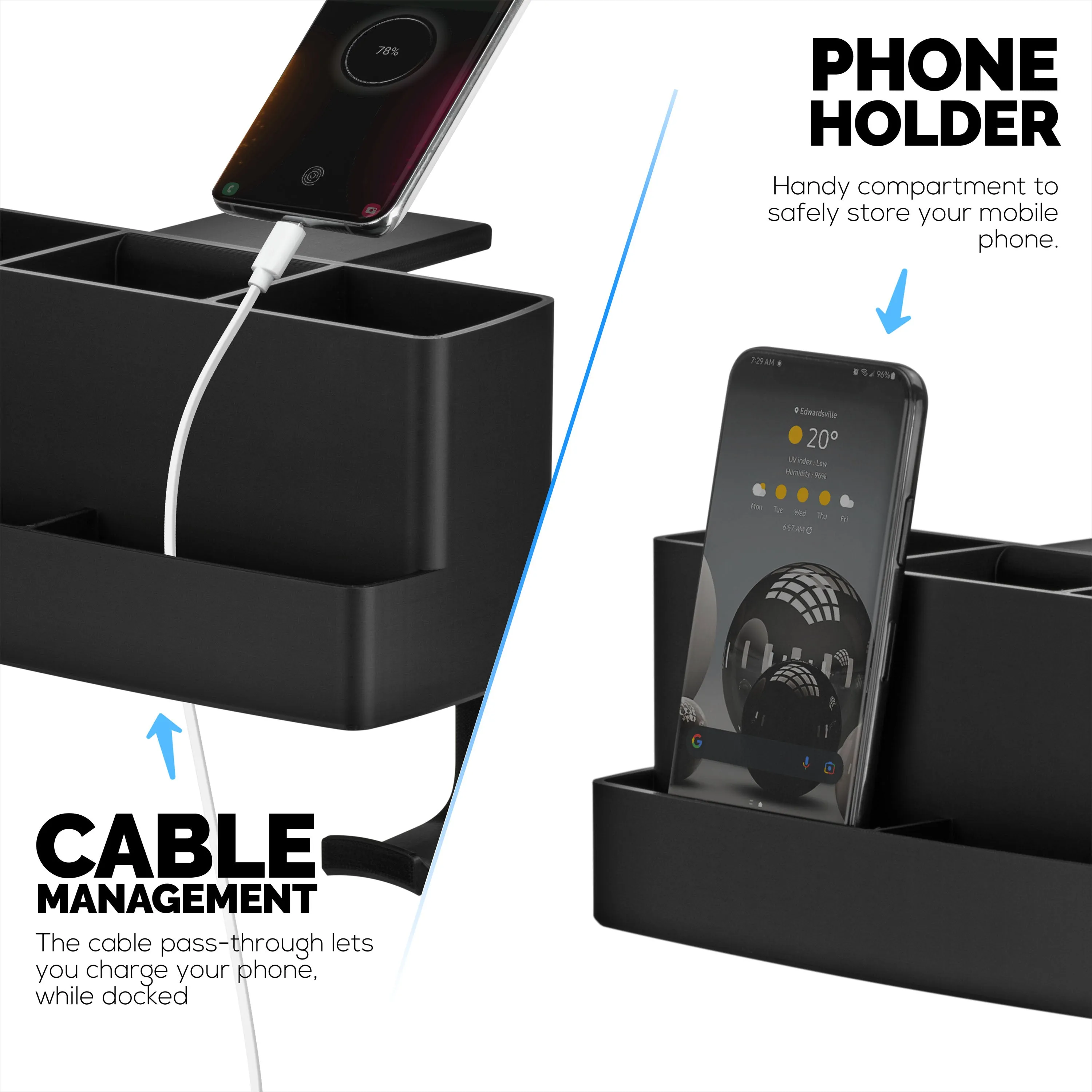 Remote Control, Stationery, Headphone & Phone Holder Hanger Stand for Tables and Desks, Easy To Install, Adjustable Clamp, Suitable for Different Size Remotes, Pens, Pencils, Headsets, Phones & More