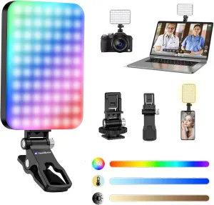 RGB Selfie Light, 96 LED 2200mAh Rechargeable, Cold Shoe Mount as Camera Light, Portable Front & Back Phone Clip for TikTok, Video Conference Light for Laptop
