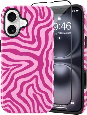 SAKUULO Magnetic for iPhone 16 Hot Pink Ocean Waves Print Pattern [Compatible with MagSafe] Wireless Charge Strengthen Protection Cover, Hot Pink Ocean Waves (6.1")