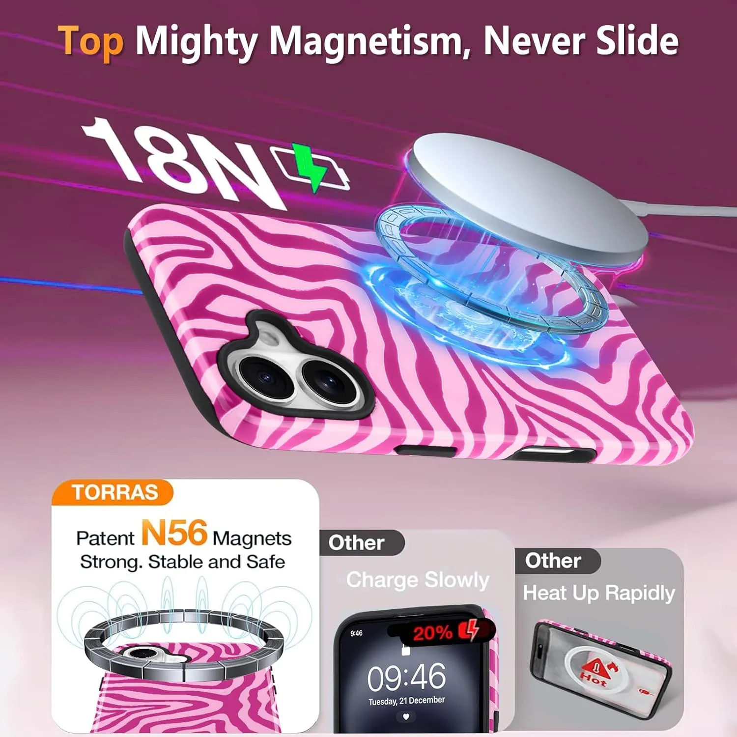 SAKUULO Magnetic for iPhone 16 Hot Pink Ocean Waves Print Pattern [Compatible with MagSafe] Wireless Charge Strengthen Protection Cover, Hot Pink Ocean Waves (6.1")