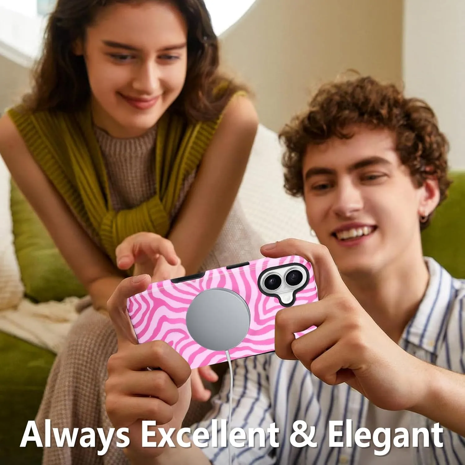 SAKUULO Magnetic for iPhone 16 Pink Ocean Waves Print Pattern [Compatible with MagSafe] Wireless Charge Strengthen Protection Cover, Pink Ocean Waves (6.1")