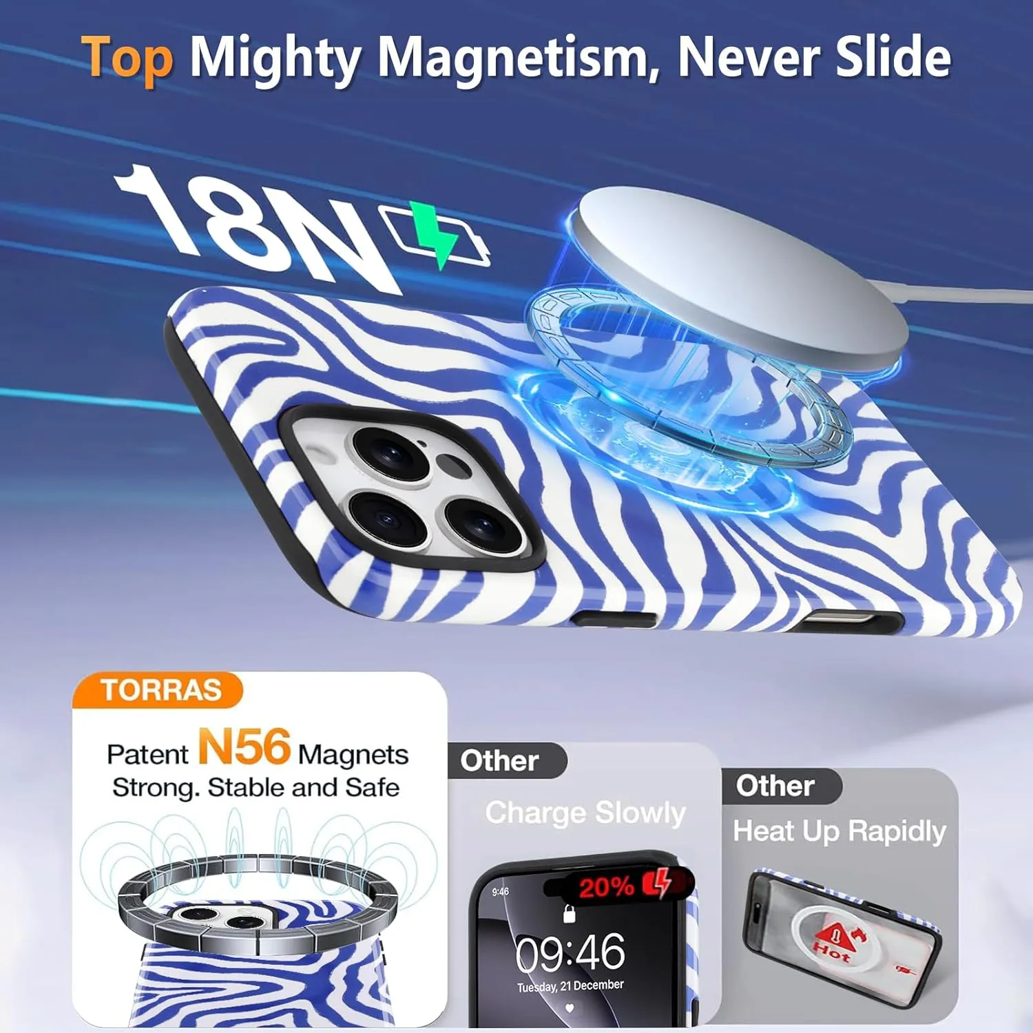 SAKUULO Magnetic for iPhone 16 Pro Max Blue Ocean Waves Print Pattern [Compatible with MagSafe] Wireless Charge Strengthen Protection Cover, Blue Ocean Waves (6.9")