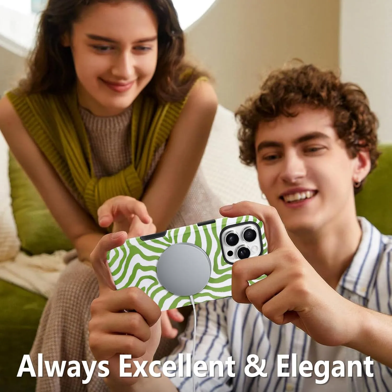 SAKUULO Magnetic for iPhone 16 Pro Max Green Ocean Waves Print Pattern [Compatible with MagSafe] Wireless Charge Strengthen Protection Cover, Green Ocean Waves (6.9")