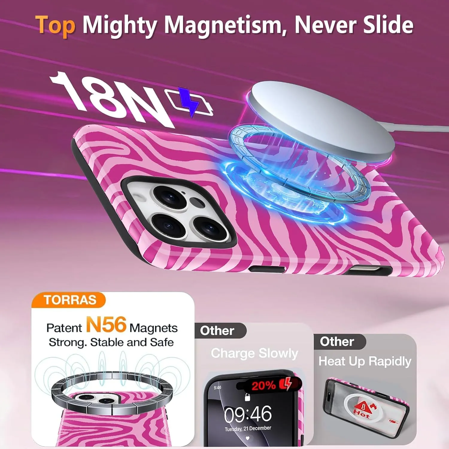 SAKUULO Magnetic for iPhone 16 Pro Max Hot Pink Ocean Waves Print Pattern [Compatible with MagSafe] Wireless Charge Strengthen Protection Cover, Hot Pink Ocean Waves (6.9")