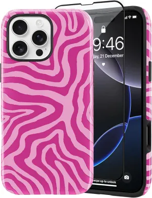 SAKUULO Magnetic for iPhone 16 Pro Max Hot Pink Ocean Waves Print Pattern [Compatible with MagSafe] Wireless Charge Strengthen Protection Cover, Hot Pink Ocean Waves (6.9")