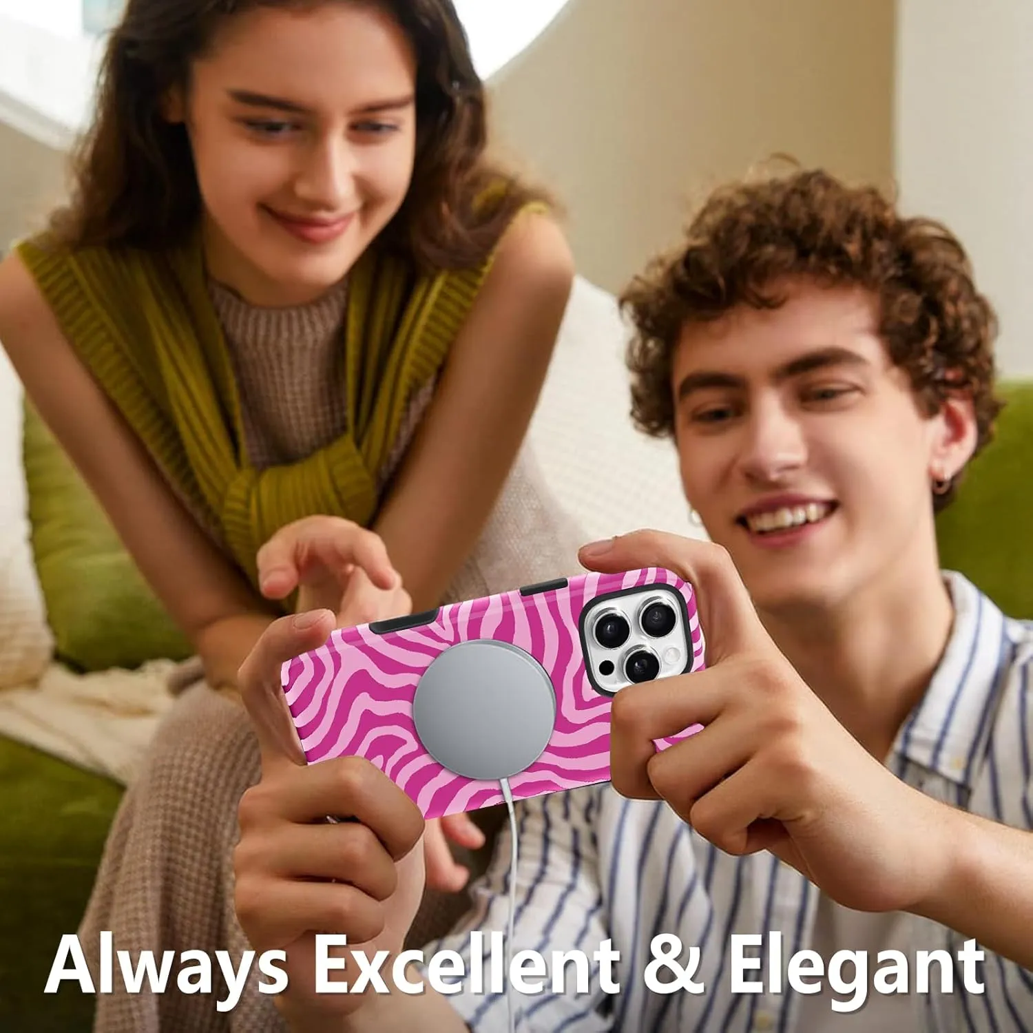 SAKUULO Magnetic for iPhone 16 Pro Max Hot Pink Ocean Waves Print Pattern [Compatible with MagSafe] Wireless Charge Strengthen Protection Cover, Hot Pink Ocean Waves (6.9")