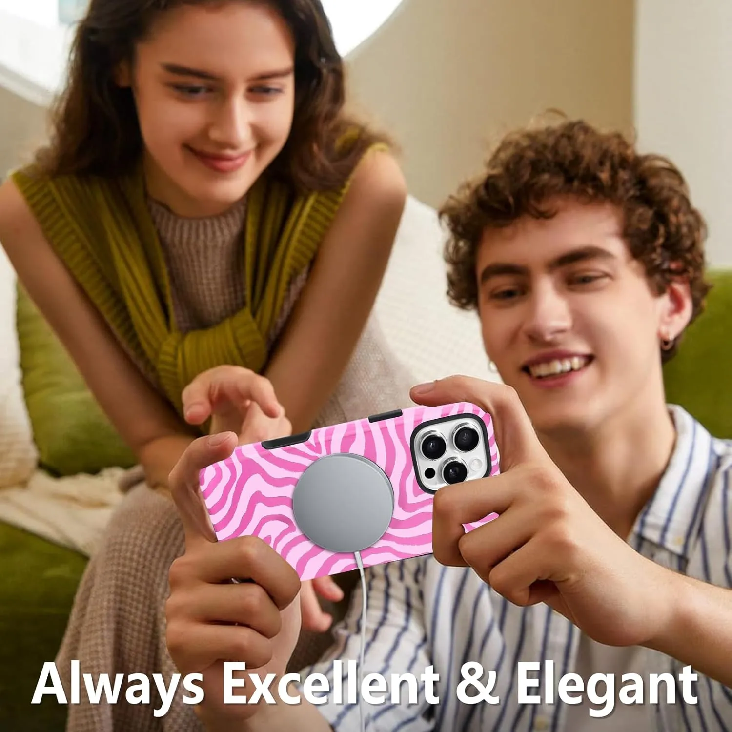 SAKUULO Magnetic for iPhone 16 Pro Max Pink Ocean Waves Print Pattern [Compatible with MagSafe] Wireless Charge Strengthen Protection Cover, Pink Ocean Waves (6.9")