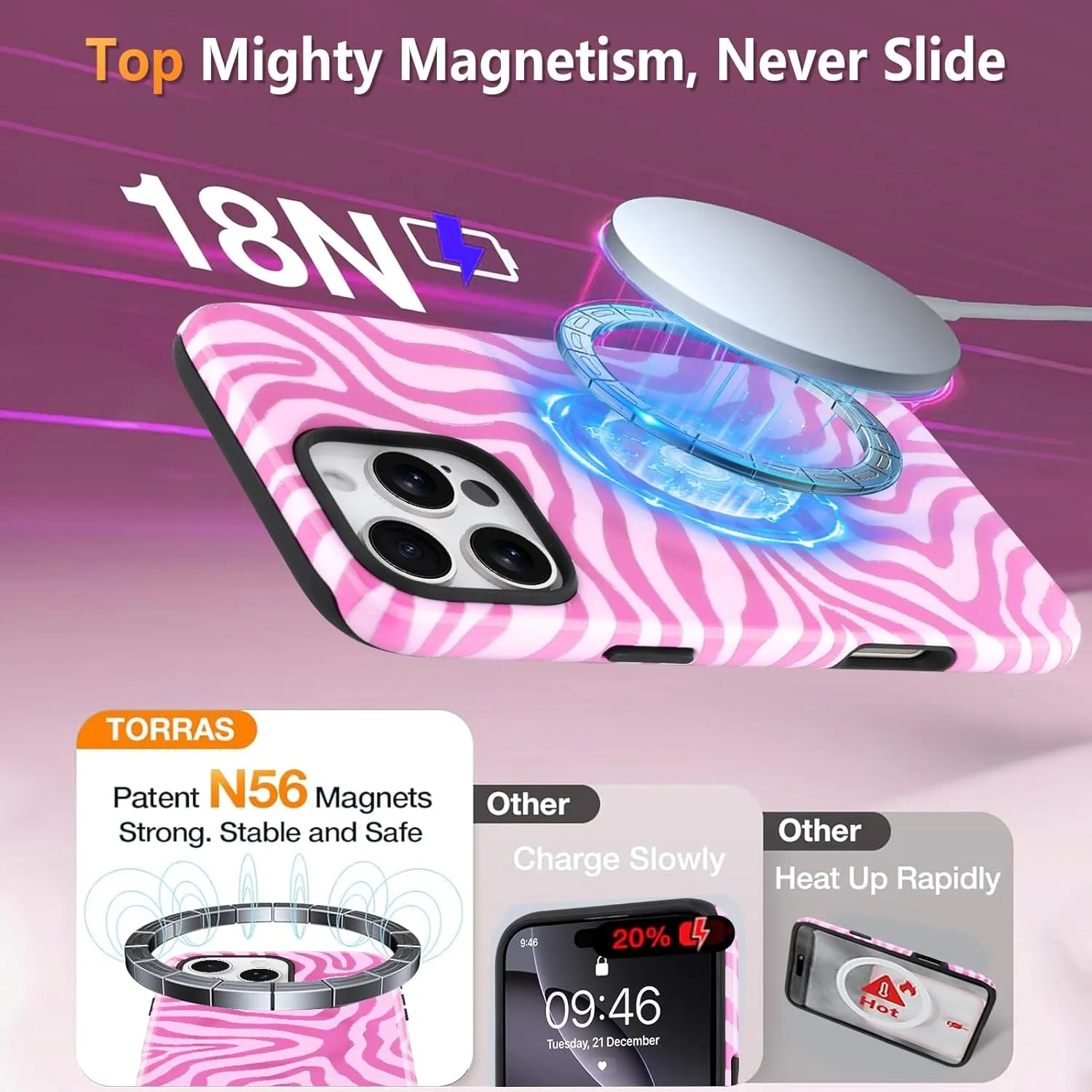 SAKUULO Magnetic for iPhone 16 Pro Max Pink Ocean Waves Print Pattern [Compatible with MagSafe] Wireless Charge Strengthen Protection Cover, Pink Ocean Waves (6.9")