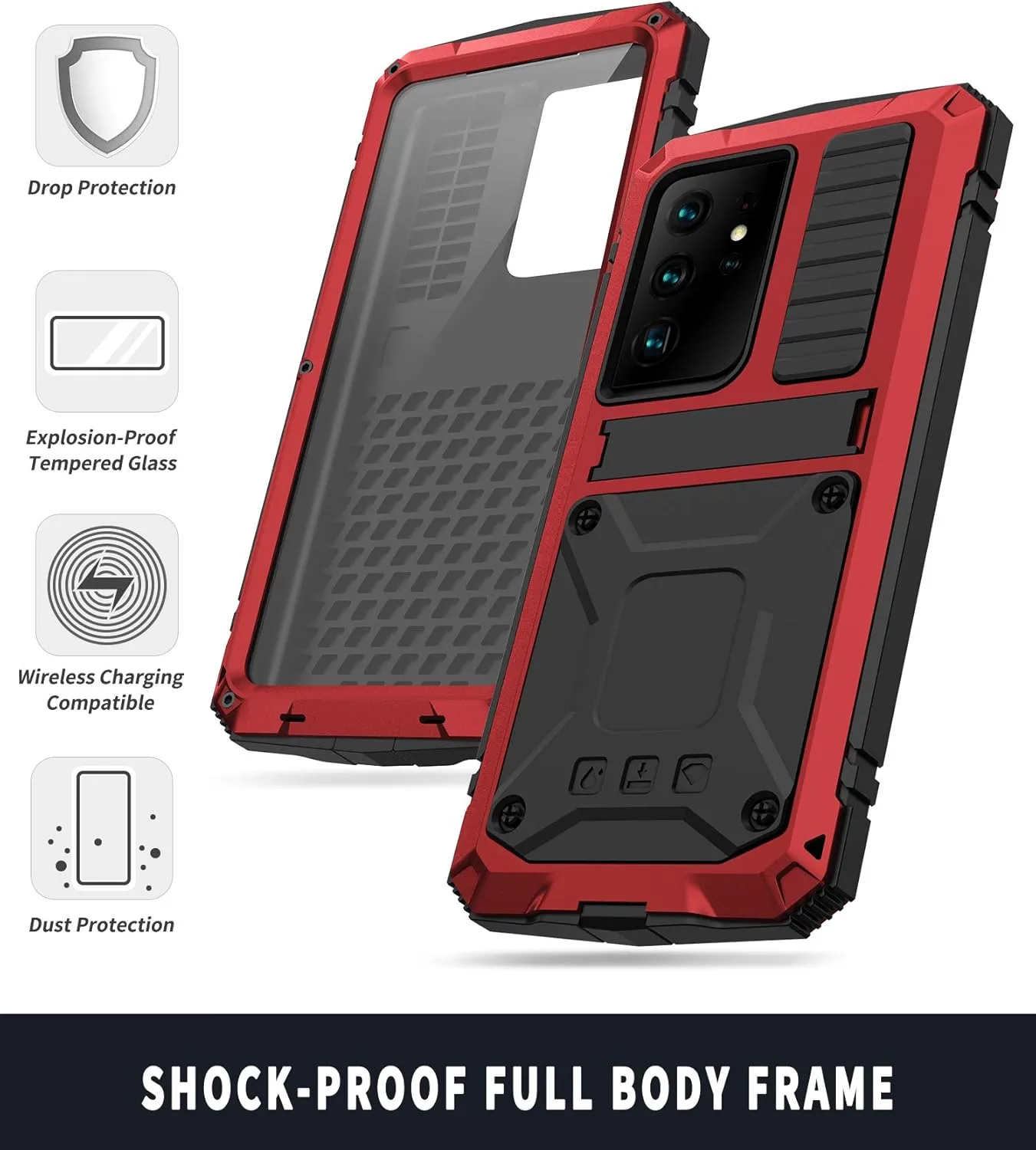 Samsung Galaxy S21 Ultra Metal Cases Built-in Screen Protector Stand Durable Full Body Heavy Duty Shockproof Drop Tested case for S21 Ultra 5G (Red, S21 Ultra)