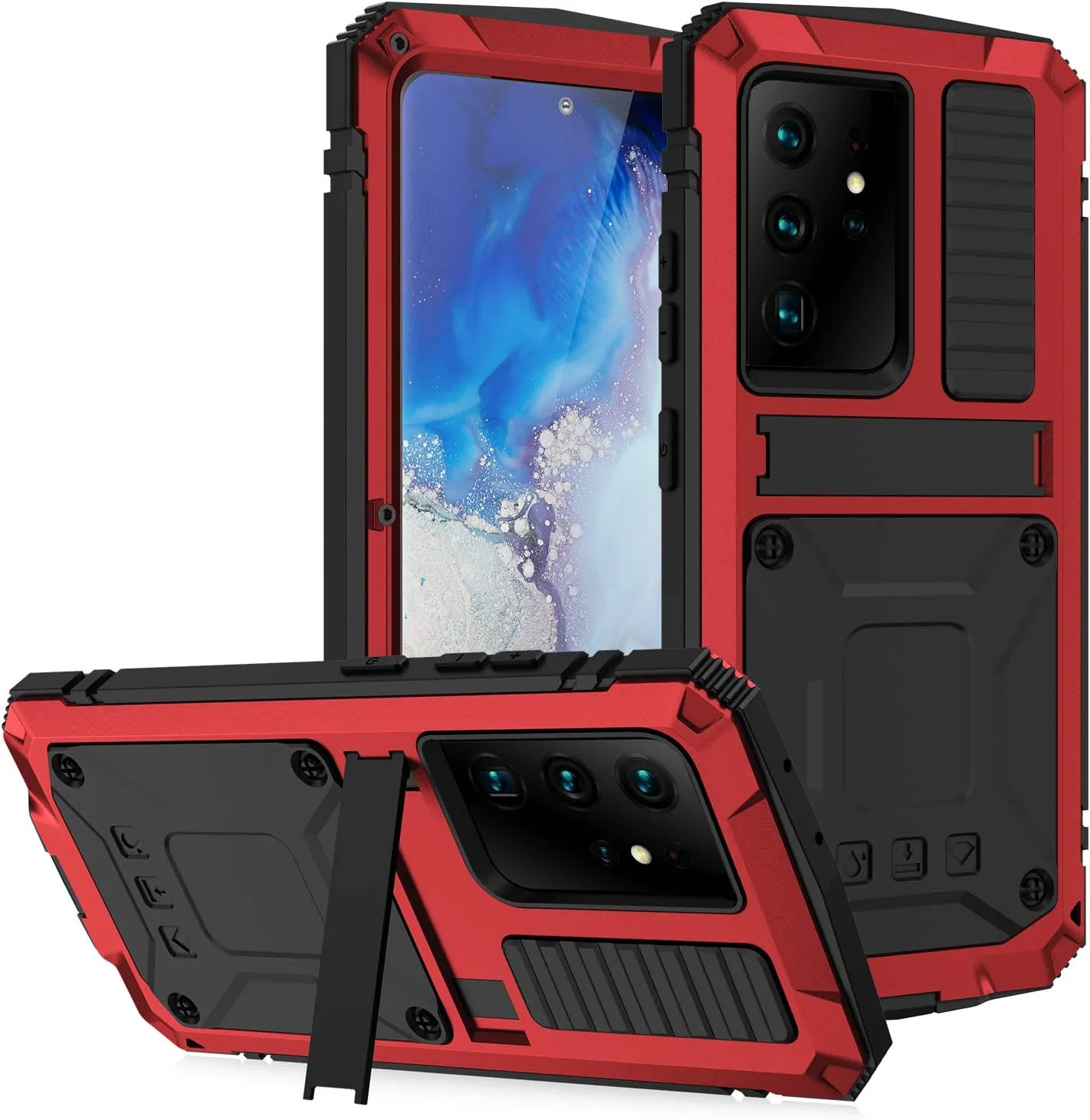 Samsung Galaxy S21 Ultra Metal Cases Built-in Screen Protector Stand Durable Full Body Heavy Duty Shockproof Drop Tested case for S21 Ultra 5G (Red, S21 Ultra)