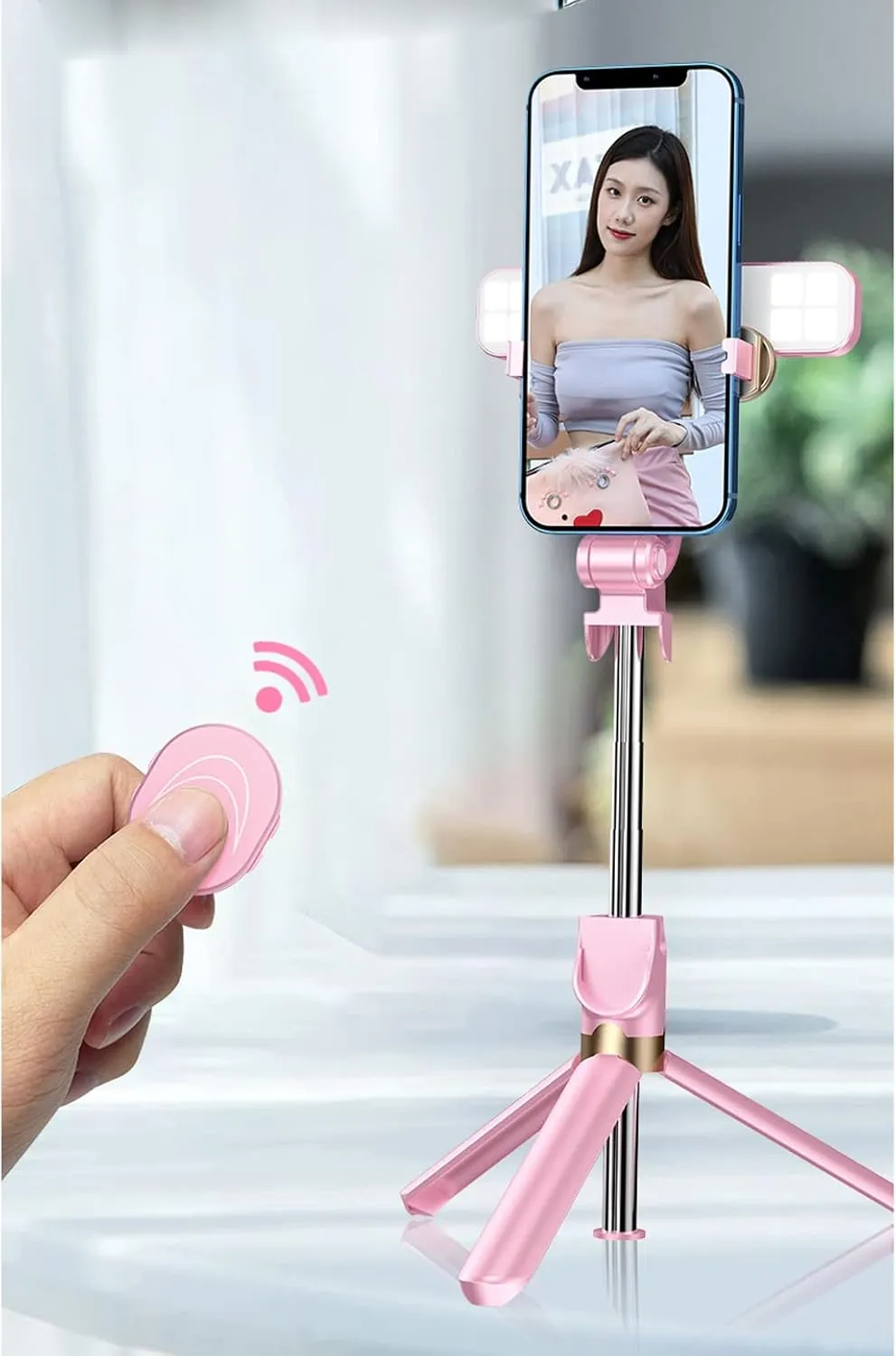 Selfie Stick Tripod,MQOUNY Extendable Selfie Stick Tripod with Light with Detachable Wireless Remote and Tripod Stand Compatible with iPhone, Samsung Galaxy and Smartphone (Pink)