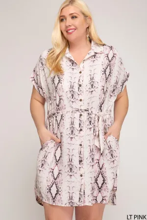 She And Sky Pink Snakeskin Button Down Plus Dress