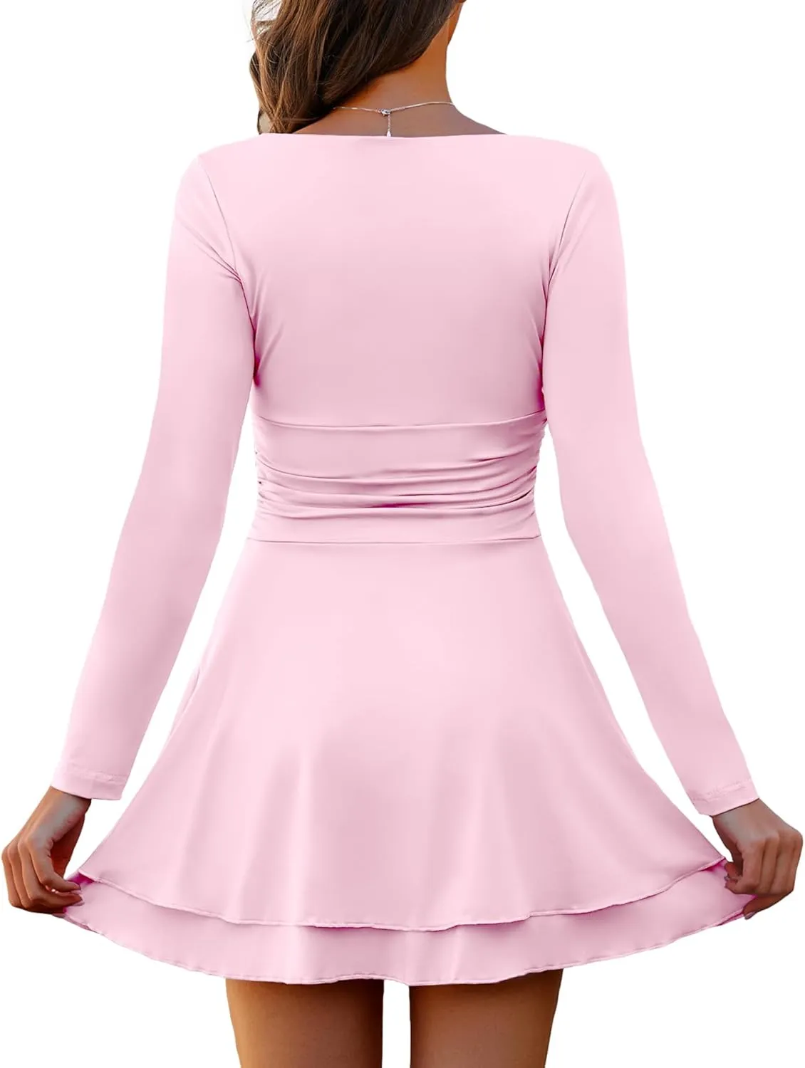 Short Dress for Women Long Sleeve Ruched Waist Square Neck Mini Corset Party Dresses