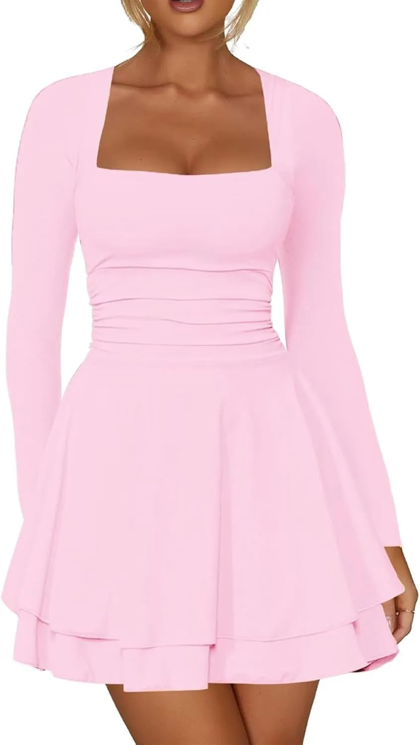 Short Dress for Women Long Sleeve Ruched Waist Square Neck Mini Corset Party Dresses