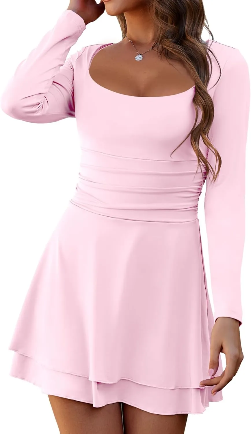 Short Dress for Women Long Sleeve Ruched Waist Square Neck Mini Corset Party Dresses