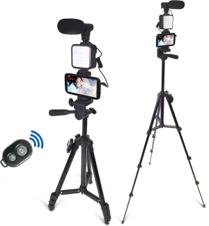 Smartphone Video Kit, Vlogging Kit, Youtuber Kit, with Microphone Light Tripod 50" Extendable Phone Clip Remote Control Compatible with iPhone/Smartphone/Cameras