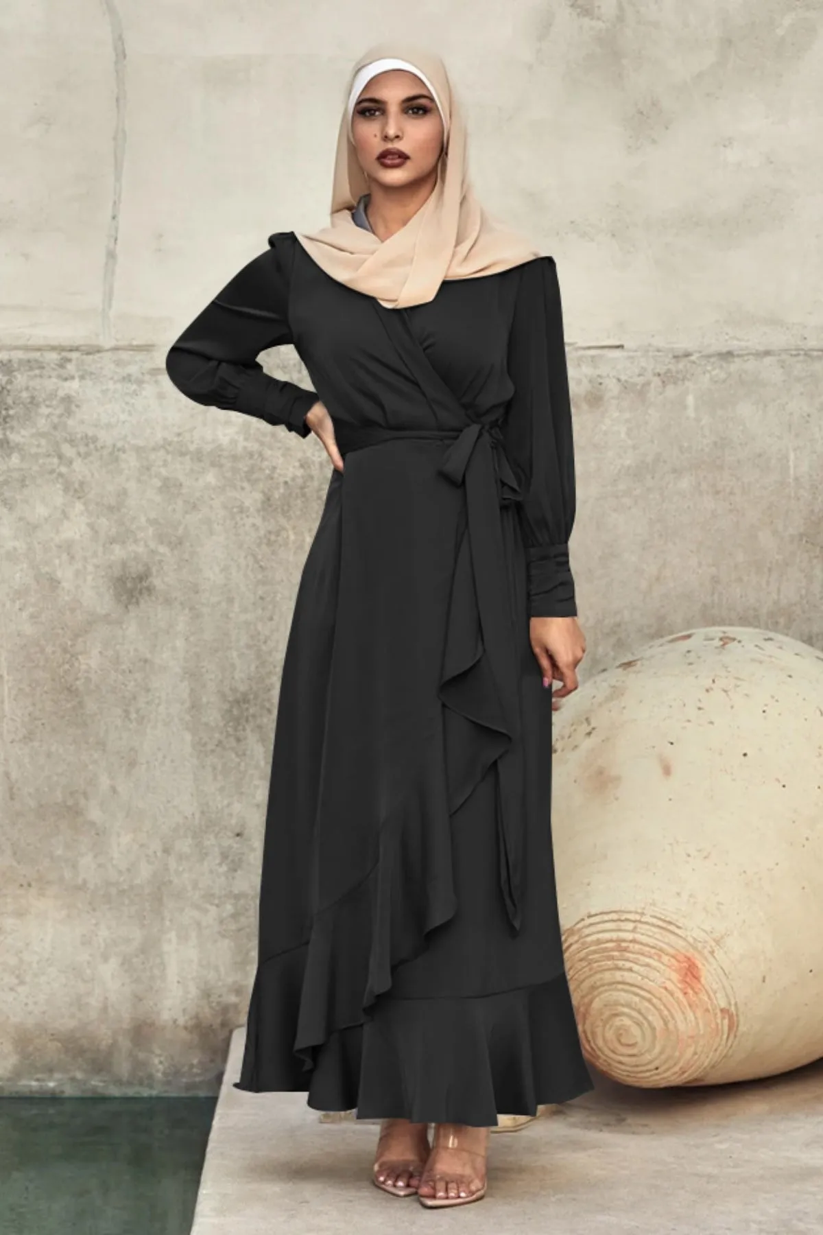 Solid Color Irregular Ruffle Tie Long Dress