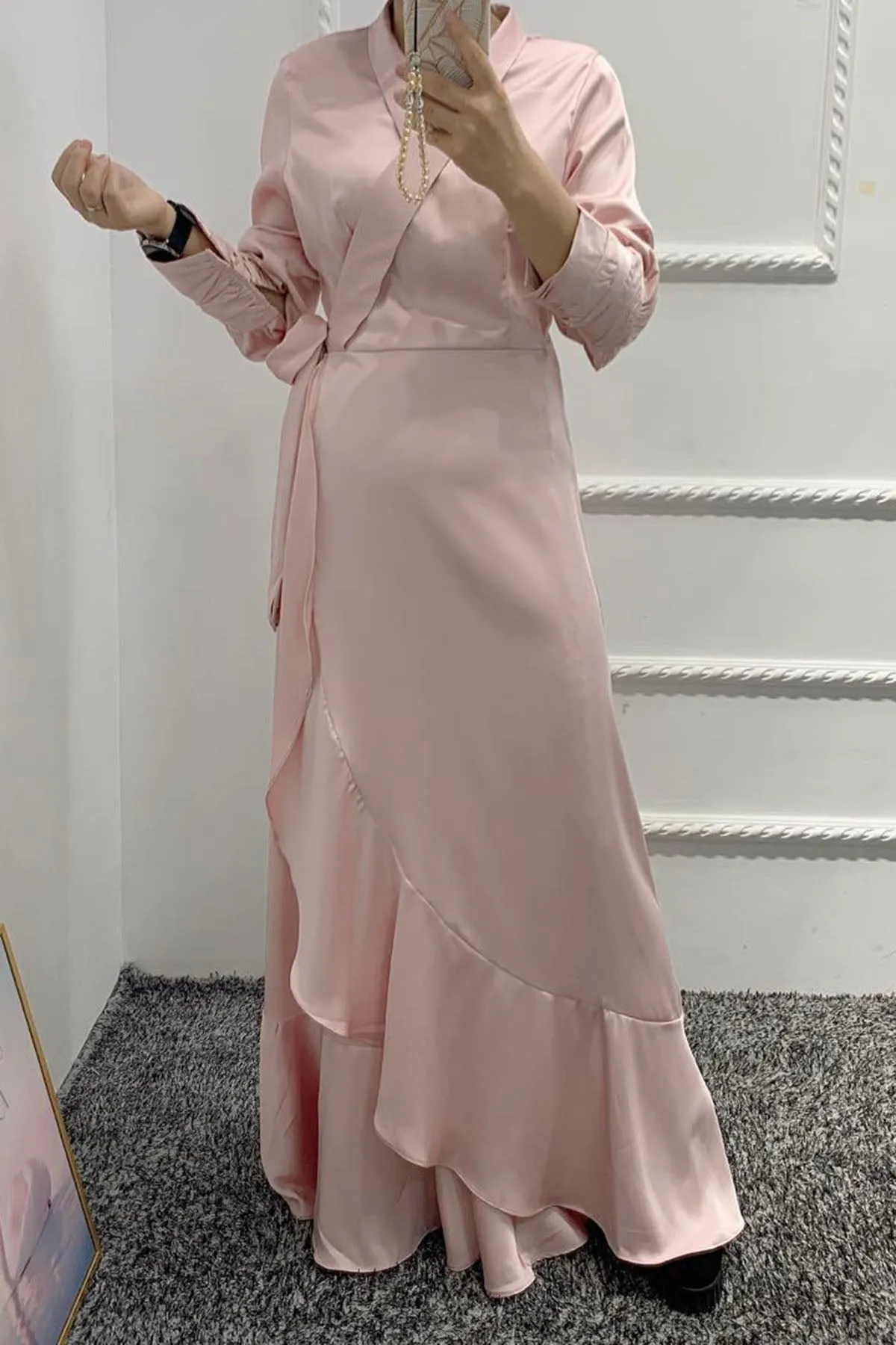 Solid Color Irregular Ruffle Tie Long Dress