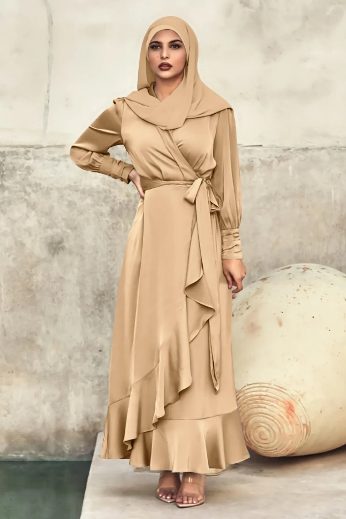 Solid Color Irregular Ruffle Tie Long Dress