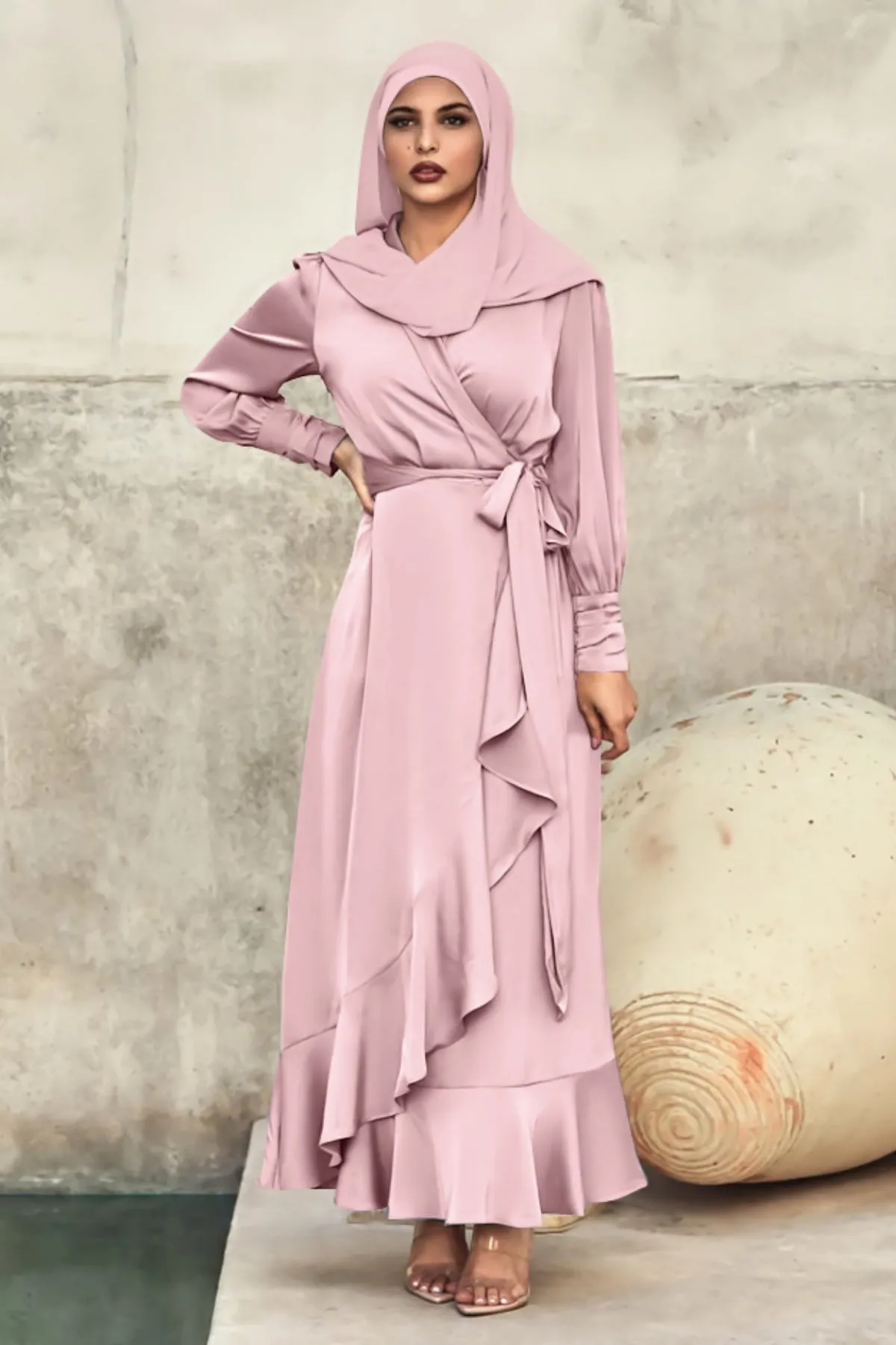 Solid Color Irregular Ruffle Tie Long Dress