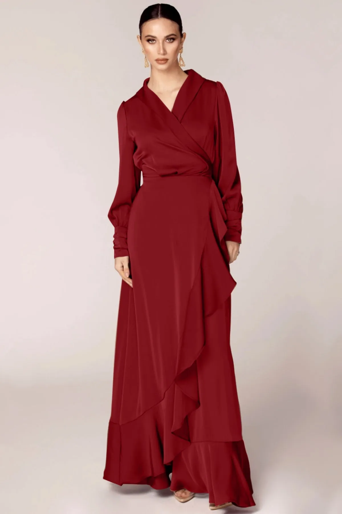 Solid Color Irregular Ruffle Tie Long Dress