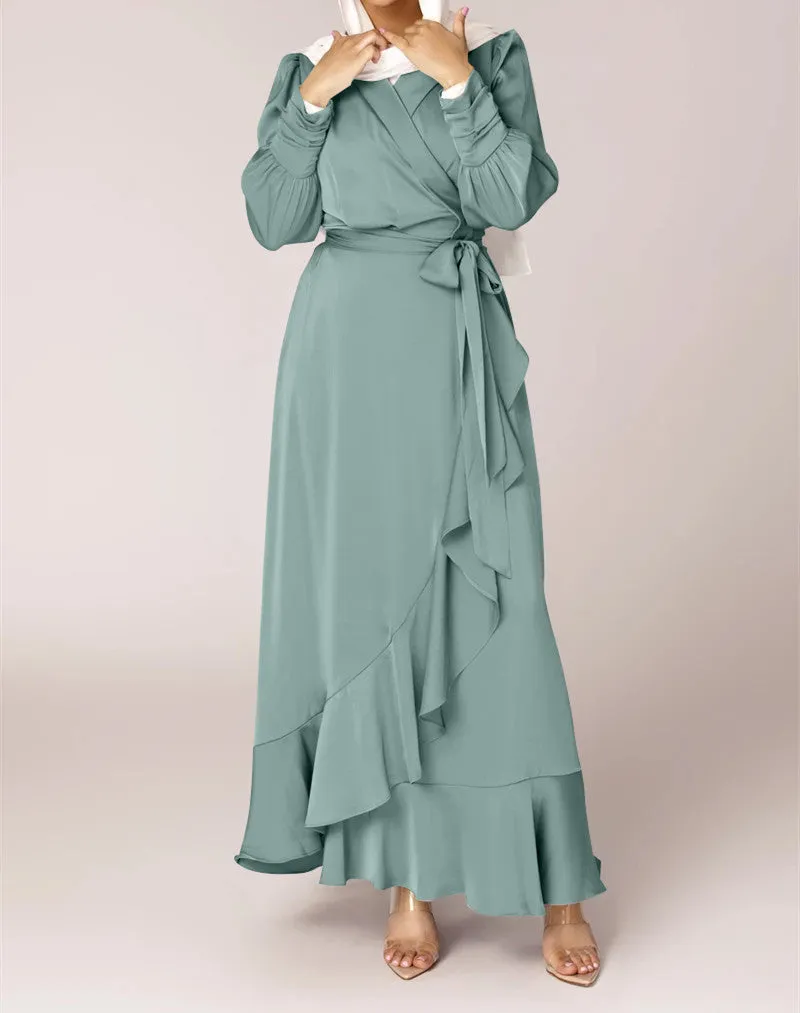 Solid Color Irregular Ruffle Tie Long Dress
