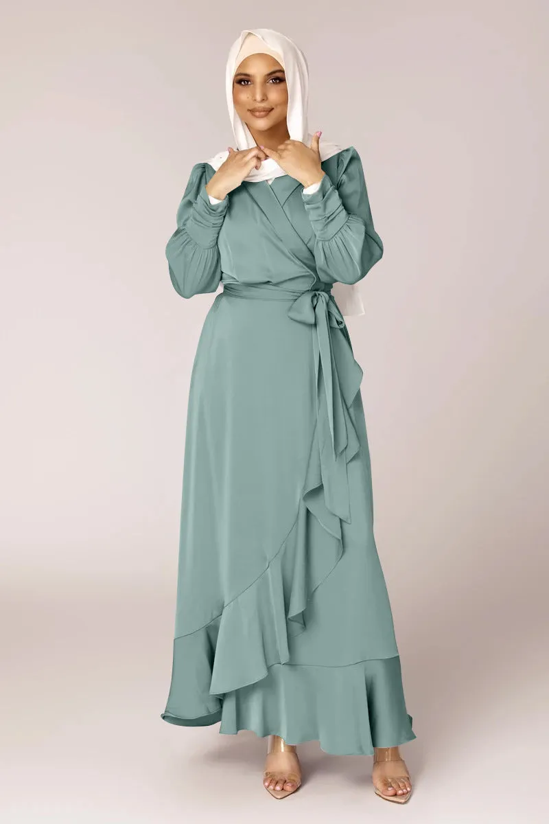 Solid Color Irregular Ruffle Tie Long Dress